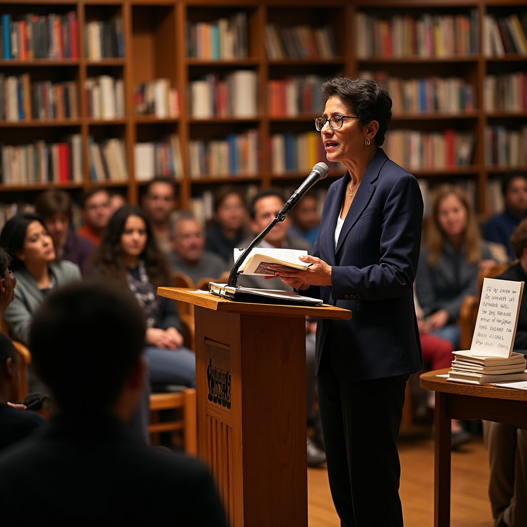 Author standing at podium during a reading event inside an independent bookstore