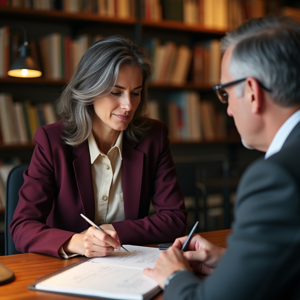 Bookstore owner reviewing event planning notes at a table with consultant
