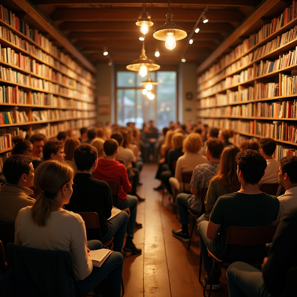Lively independent bookstore event with readers gathered around an author