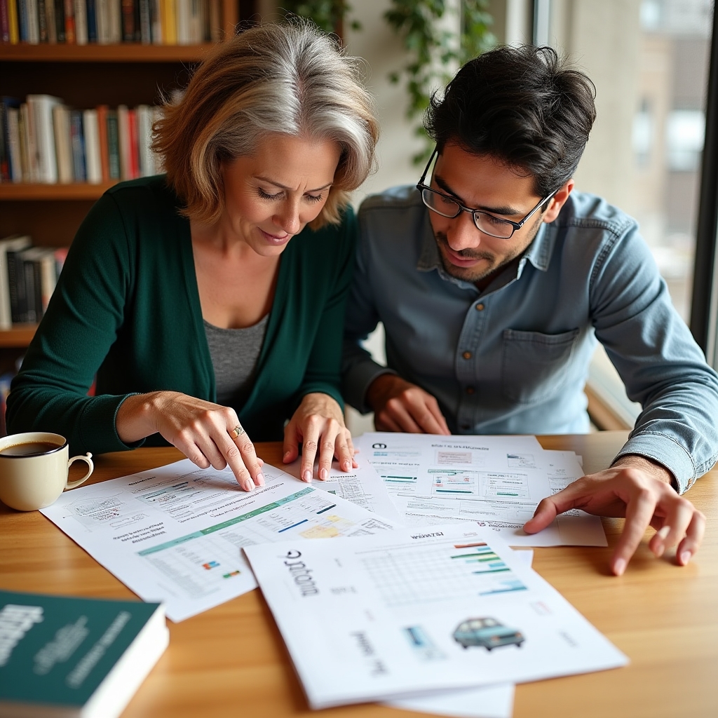 Two bookstore owners reviewing event planning documents together at a bright workspace