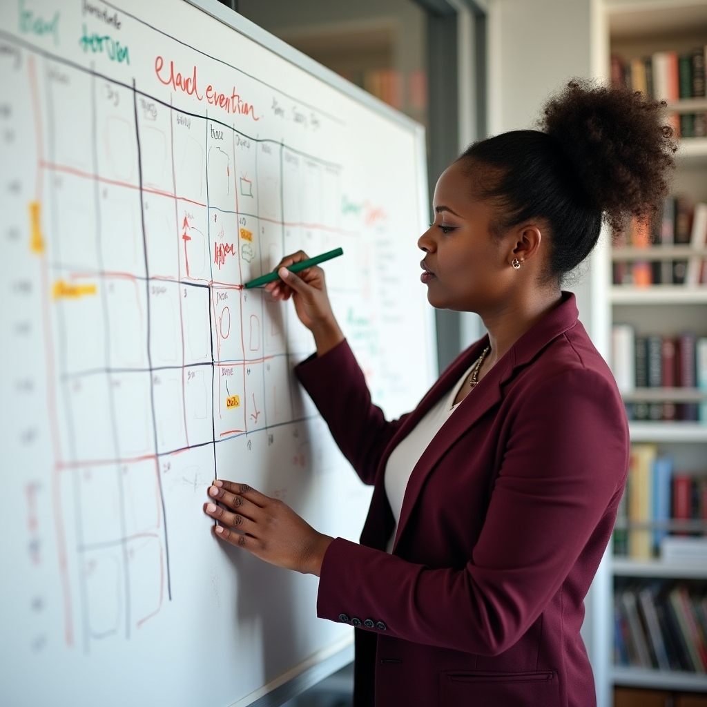 Consultant working at whiteboard with event planning frameworks and calendar structure