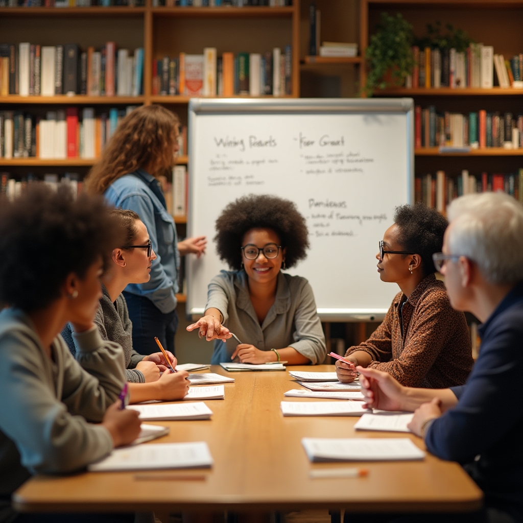 Small group of adults participating in a writing workshop at a bookstore table